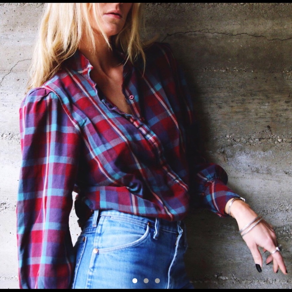 SOLD Poet Sleeve Plaid Button Down Shirt - Picture 1 of 7